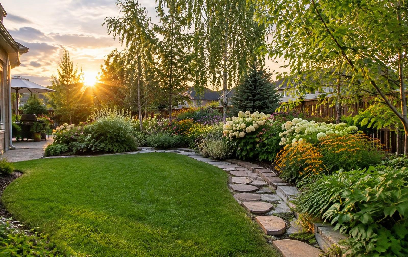 A lush backyard garden with a curved lawn, stone path and flowering hydrangeas at sunset